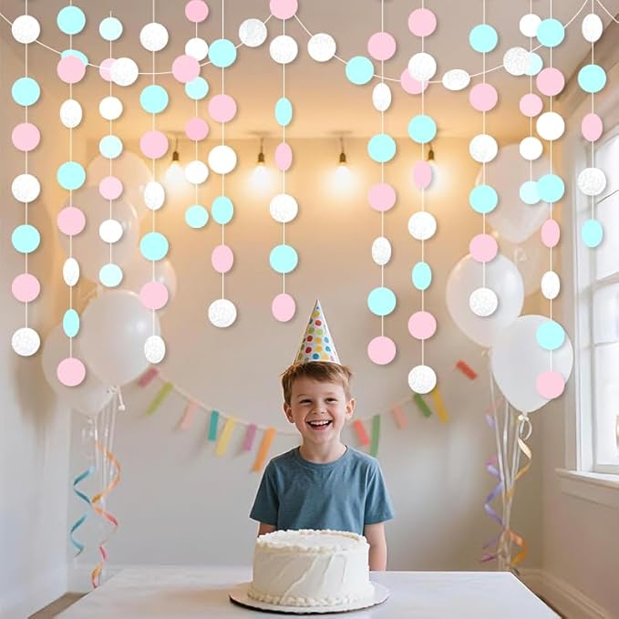 Macaron Circle Dots Hanging Garland White Blue Pink Circle Dots Hanging Streamer Macaron Bunting Banner Backdrop for Wedding Baby Shower Birthday Xmas Decor 40 Feet