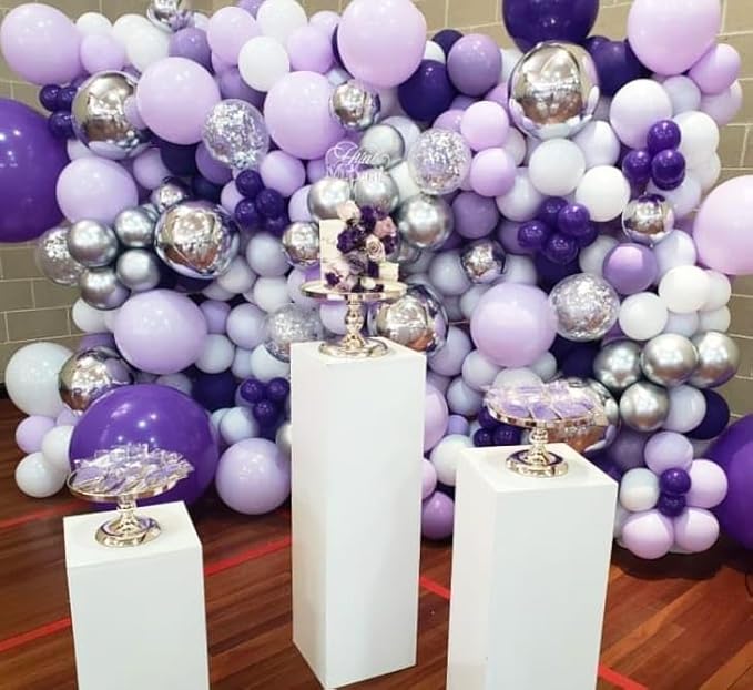 150Pcs Purple Balloons Garland Arch Kit - 5 10 12 18 inch Lavender Pastel Metallic Purple Confetti Balloons Silver White Latex Balloon for Girl Birthday Baby Shower Princess Party Decorations