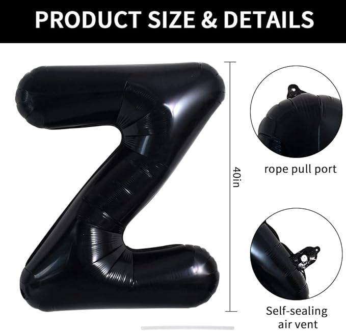 TONIFUL 40 Inch Large Black Z Letter Balloon - Jumbo Helium Foil Mylar Big Alphabet for 2026 New Year Eve Graduation Wedding Baby Shower Birthday Party Anniversary Supplies Decorations