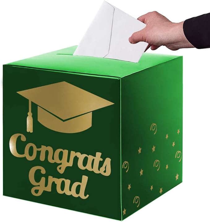 Graduation Card Box Holder, Congrats Grad Foldable Cardboard Decorations Box for Graduation Party Decoration and Grad Parties (Green)