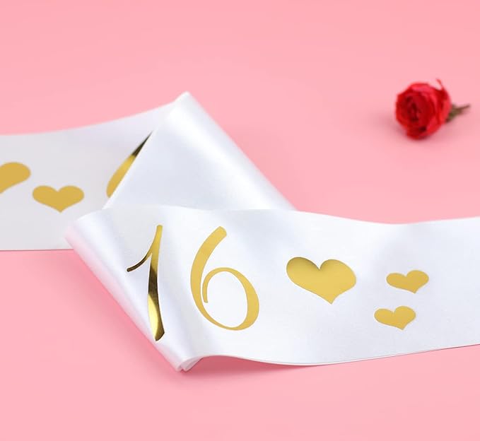 Sweet 16 Sash for Girls,16th Birthday Sash White with Gold Foil Lettering.
