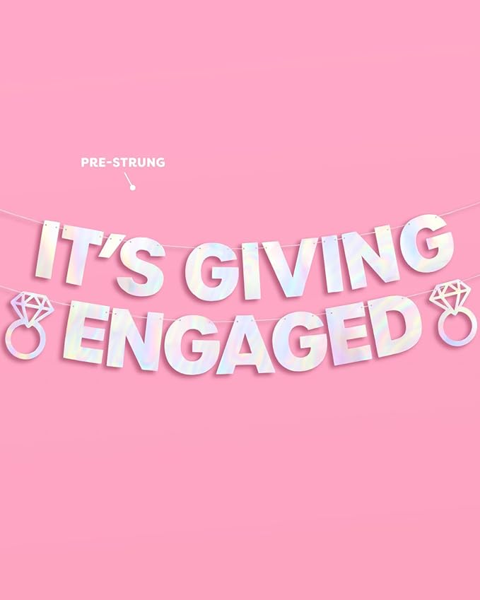 xo, Fetti It's Giving Engaged Banner - Iridescent Foil | 5 Ft. | Bachelorette Decorations, Engagement Party Sign, Proposal Background, Bach Supplies