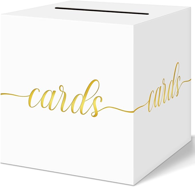 QIKSION White Wedding Card Box, Gold Foil Gift Card Box for Party, Wedding Reception, Birthday, Graduation Decorations, Baby & Bridal Shower, Anniversary, Retirement