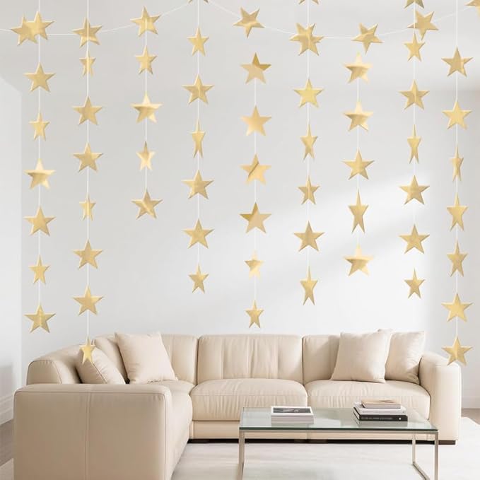 Champagne Shining Star Hanging Garland Champagne Hanging Sparkling Star Streamer Glitter Bunting Banner Twinkle Backdrop for Wedding Baby Shower Birthday Xmas Decorations 40 Feet