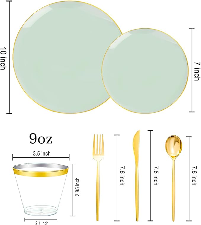 bUCLA 150PCS Green Plastic Plates - Sage Green with Gold Rim Disposable - Include 25 (Dinner & Dessert) Plates, 25 Knives, 25 Forks, 25 Spoons and 25 Cups for Party, Easter & Spring