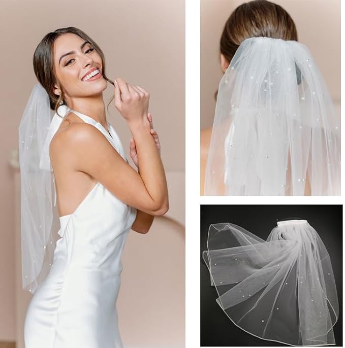 White Short Wedding Veil Pearl Rhinestone Bride Veils Bridal Veils Bachelorette Party Veil for Brides and Women