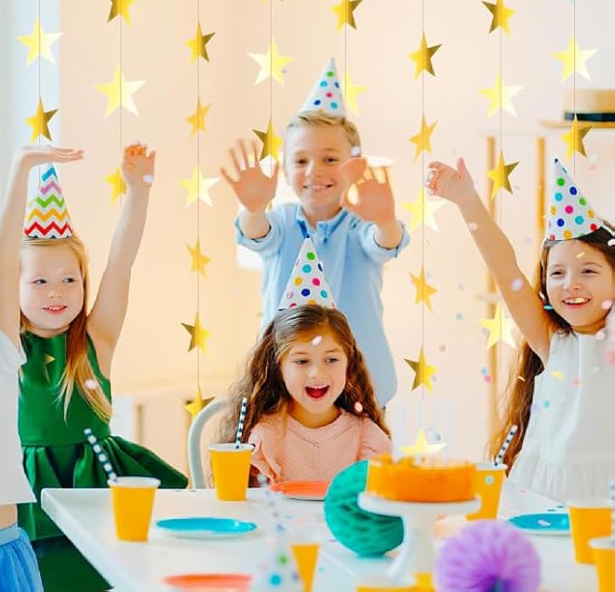 Gold Glitter Star Garland Hanging Decorations, Streamer Bunting Banner Decorations,65 Feet, Twinkle Star Backdrop for Graduation, Birthday, Wedding, Christmas Party, New Year (Gold)