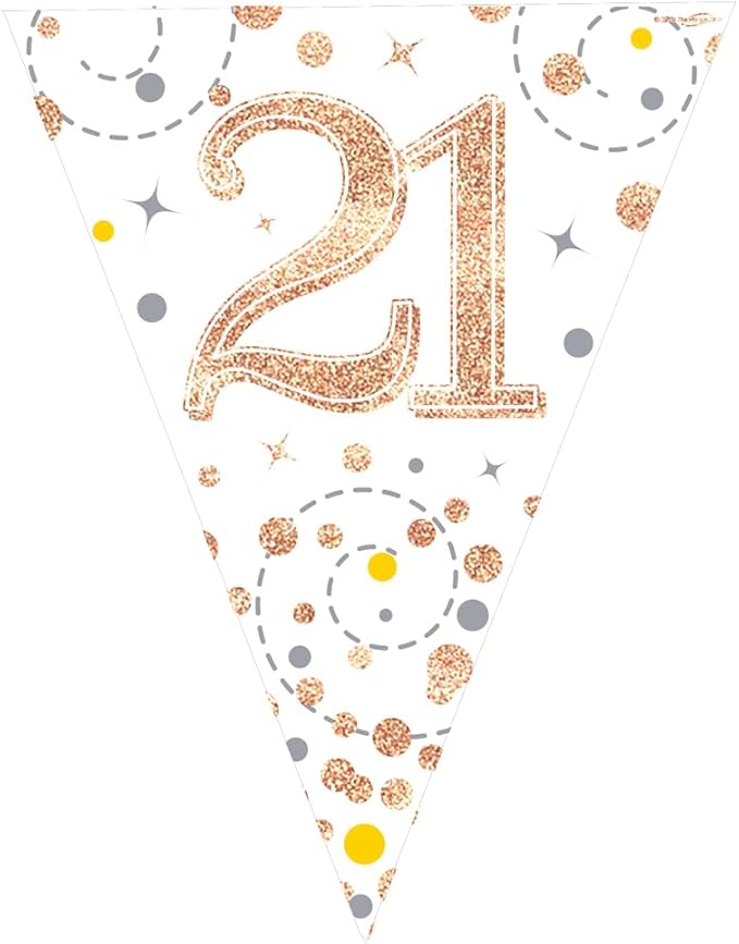 Party Bunting Sparkling Fizz 21 White & Rose Gold Holographic 11 flags 3.9m