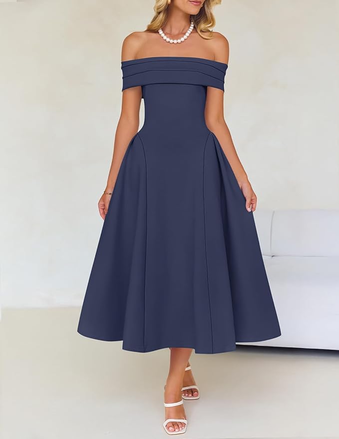 ZESICA Summer 2026 Cocktail Dresses for Women's Off Shoulder Short Sleeve Swing A Line Wedding Evening Party Midi Dress