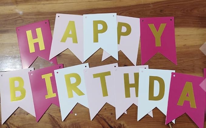 Happy Birthday Banner With Shiny Gold Letters, Swallowtail Design Hanging Signs Party Decorations (Tri-Color Pink)