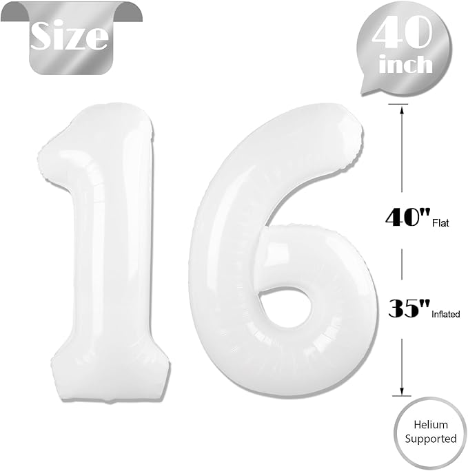 White Number 16 Balloon 40 inch, 16 Number Balloons, 16th White Birthday Decorations for Girls Boys 16 Year Old Party Supplies