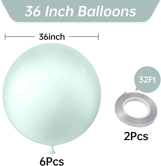 KALOR 36 Inch Giant Pastel Green Balloons, 6 Pack Large Round Pastel Green Latex Balloons for Anniversary, Birthday, Christmas, Wedding, Baby Shower Party Decorations