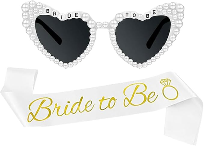 Bride Sash and Sunglasses Bride to Be Sashes Pearl White Heart Sunglasses Accessories for Bachelorette Bridal Shower Engagement Wedding Party