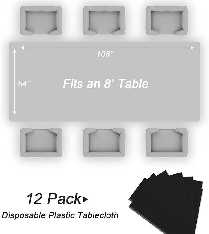 QIKSION Black Plastic Table Cloth Disposable 12 Pack, 54 x 108 Inch Tablecloths for Party, Graduation, Halloween Decorations, Rectangle Table Cover