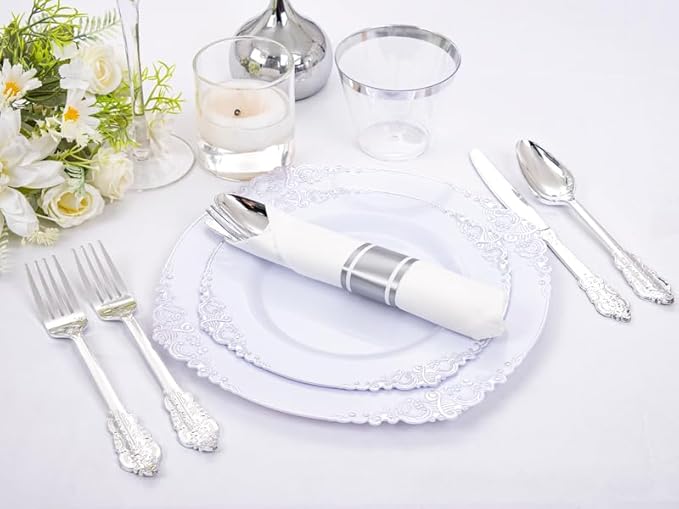 Liacere 350PCS Silver Plastic Plates&Pre Rolled Napkins for 50 Guests - Plastic Dinnerware Sets 100Silver Disposable Plates, 150Silver Silverware, 50Cups and 50Napkins for Christmas