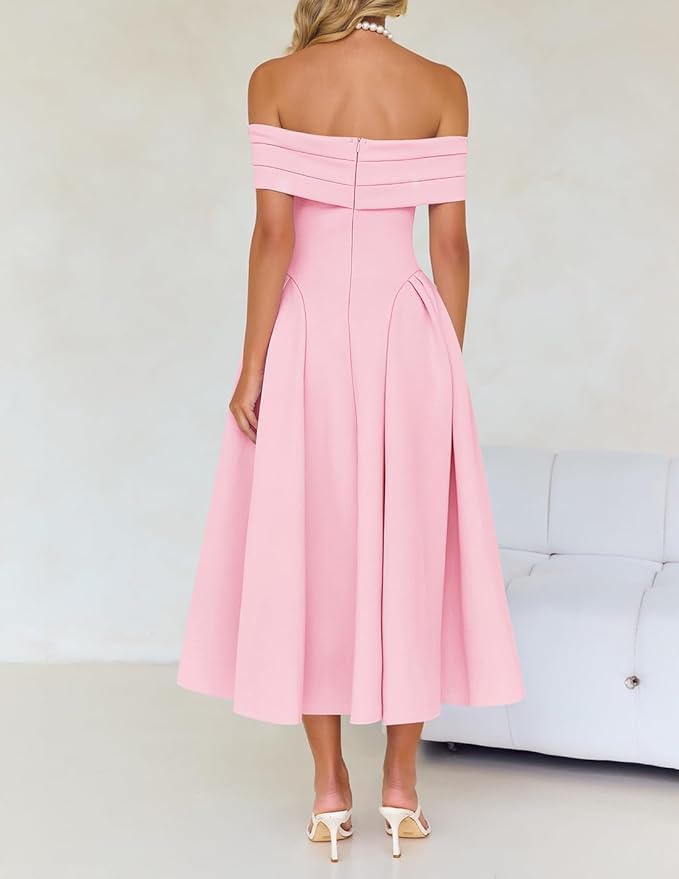 ZESICA Summer 2026 Cocktail Dresses for Women's Off Shoulder Short Sleeve Swing A Line Wedding Evening Party Midi Dress