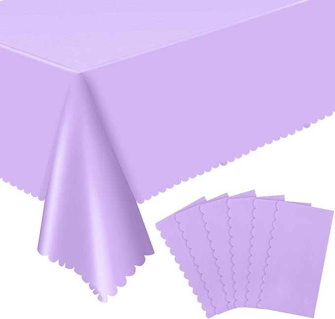 6 Pack Lavender Plastic Tablecloth, 54 X 108Inch Disposable Light Purple Scalloped Easter Table Cloth Waterproof Spring Table Cover for Mother's Day BBQ Picnic Baby Shower Birthday Wedding Decor