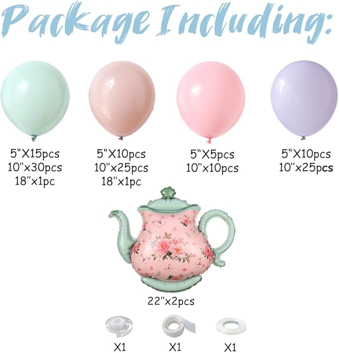 Green and Pink Balloon Garland 134Pcs Dusty Green Pink and Purple Balloons Arch Kit with Teapot Foil Balloon for Spring Tea Party Lets Partea Baby Shower Birthday Party Decorations
