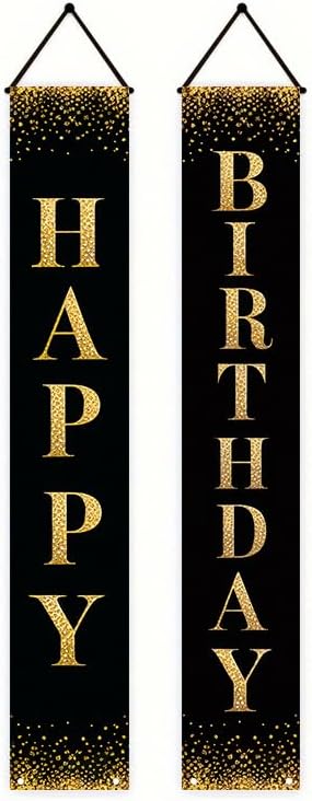 12x71 inch black gold glitter birthday porch banner indoor and outdoor hanging decoration for birthday parties, weddings, graduation ceremonies, terraces, courtyards, and home decor made of polyester fabric, reusable and easy to install