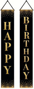 12x71 inch black gold glitter birthday porch banner indoor and outdoor hanging decoration for birthday parties, weddings, graduation ceremonies, terraces, courtyards, and home decor made of polyester fabric, reusable and easy to install