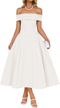 ZESICA Summer 2026 Cocktail Dresses for Women's Off Shoulder Short Sleeve Swing A Line Wedding Evening Party Midi Dress