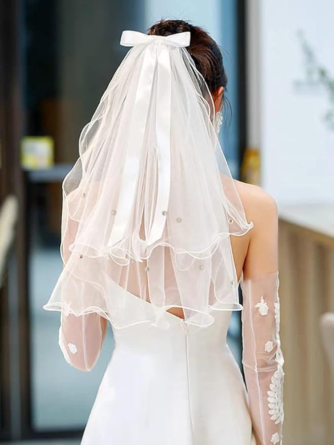 White Short Wedding Veil Pearl Rhinestone Bride Veils Bridal Veils Bachelorette Party Veil for Brides and Women
