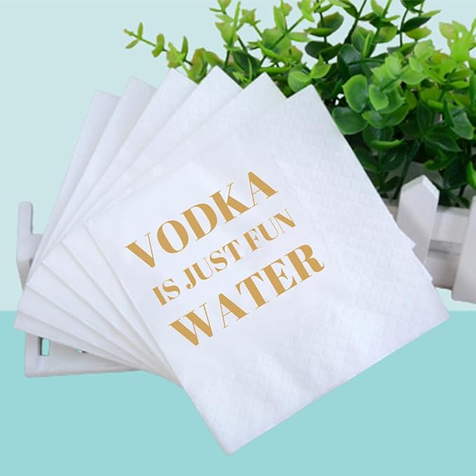 Funny Cocktail Napkins 100Pcs Funny Quotes Saying Disposable Paper Party Napkins 4.5 x 4.5 Two-ply (Vodka Is Just Fun Water Napkins)