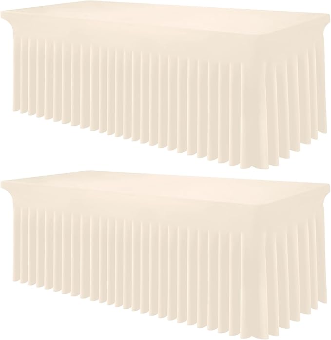 Smiry Spandex Tablecloth 2 Pack, Elastic Fitted Stretch Tablecloth for 4FT Rectangle Tables, Waterproof Washable Table Cover Skirt for Outdoor, Wedding, Banquet & Parties (Beige, 48Lx30Wx30H Inch)