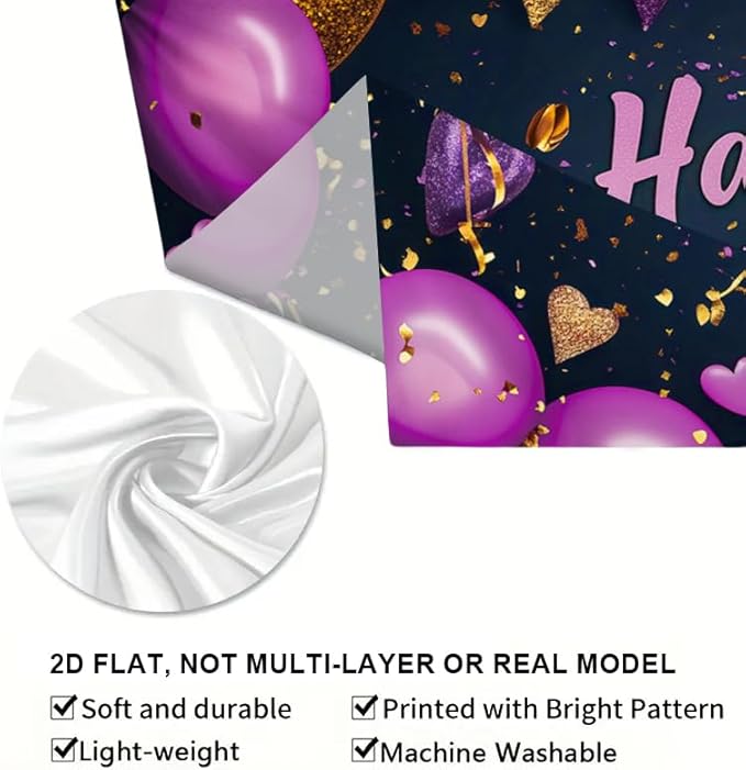 71x43 in Purple and Gold Birthday Party Backdrop, Happy Birthday Banner Decoration, Balloon Party Photography Backdrop, Suitable for Children, Adults, Girls, Ladies, Birthday Party Photo Setup Supplies
