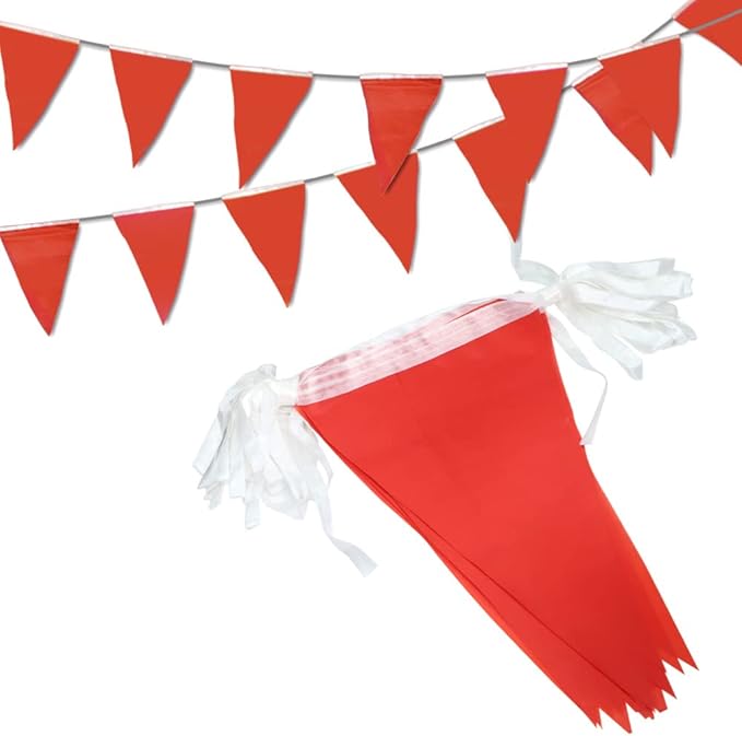 Novelty Place 36 Feet Solid Red Pennant Banner - 30 Multicolor Bunting Flags (8x11 Inches) - Birthday Party Grand Opening Holiday Decorations