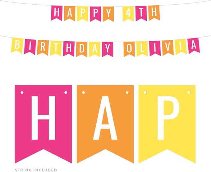 Andaz Press Personalized Hanging Pennant Banner Party Decorations, Fuchsia, Orange, Yellow, Happy 4th Birthday Olivia, 1-Pack, Approx. 5-Feet, Custom Name and Number, Fiesta Taco Summer Luau Theme