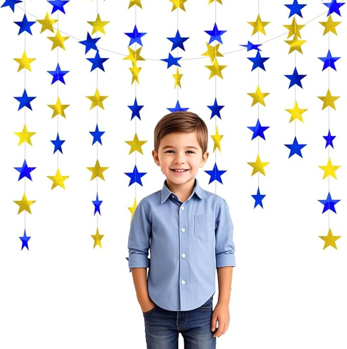 Blue Gold Shining Star Hanging Garland Blue Gold Hanging Sparkling Star Streamer Glitter Bunting Banner Twinkle Backdrop for Wedding Baby Shower Birthday Christmas Decorations 40 Feet