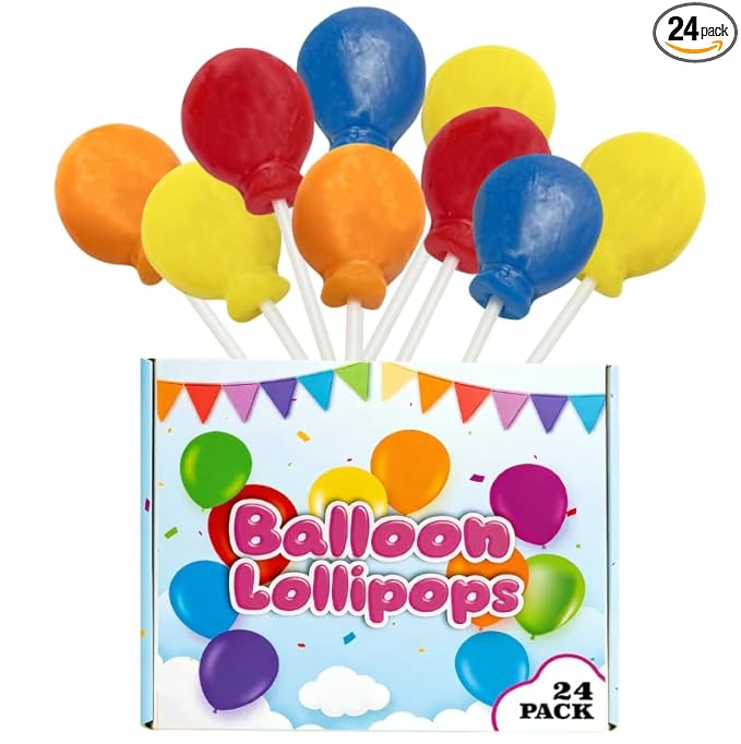 Balloon Lollipops Candy – 24 Individually Wrapped Balloon Shaped Suckers – Birthday Treats – Baby Shower Favors – Colorful Fruit Flavored Lollipops – Kids Party Favor Candy Bulk