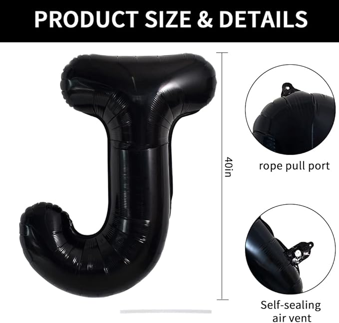 TONIFUL 40 Inch Large Black J Letter Balloons, Jumbo Helium Balloons for 2026 New Year Eve Graduation Wedding Baby Shower Birthday Party Anniversary Supplies Decorations
