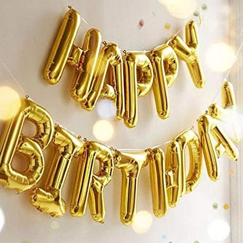 TONIFUL 3D Gold Happy Birthday Balloons Banner with Ribbon Straw, 16 Inch Mylar Foil Letters Birthday Sign Banner Balloon Bunting Reusable for Girls Boys Kids & Adults Birthday Halloween Supplies