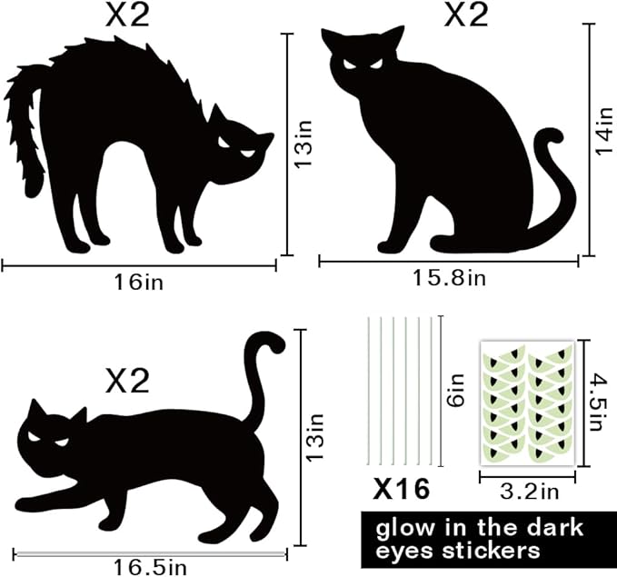Ivenf Halloween Decorations Outdoor, 6ct Black Cat Decor Yard Signs with Stakes, Scary Silhouette with Glow in Dark Eyes, Corrugated Plastic, Waterproof Lawn Decorations for Kids Family Home Party