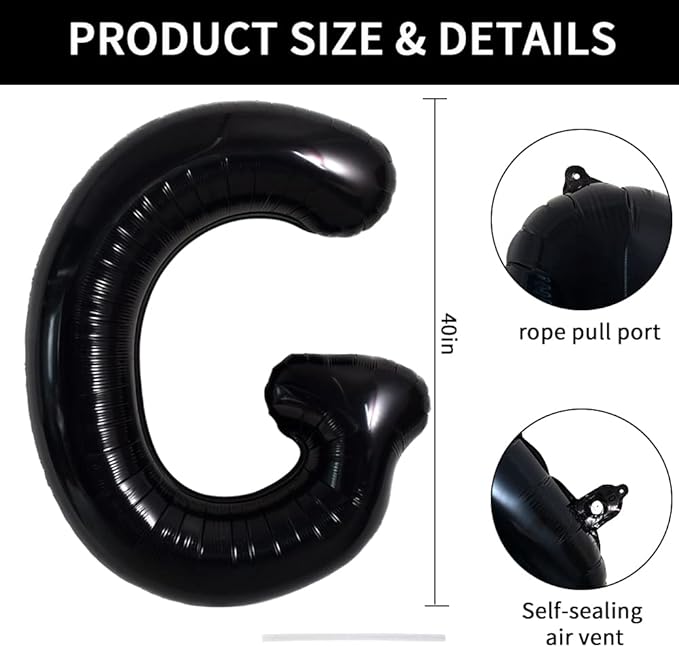 TONIFUL 40 Inch Large Black G Letter Balloon - Jumbo Helium Foil Mylar Big Alphabet for 2026 New Year Eve Graduation Wedding Baby Shower Birthday Party Anniversary Supplies Decorations