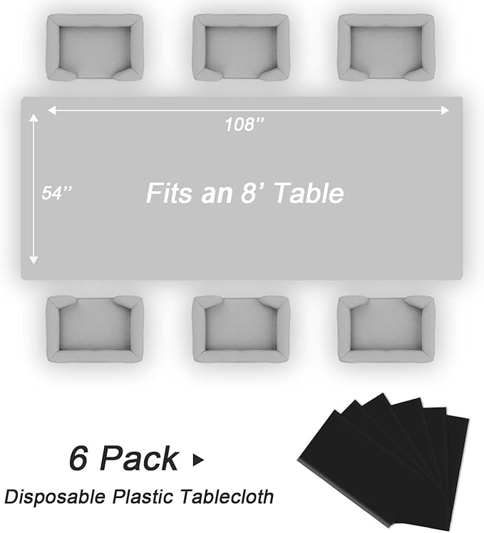 QIKSION Black Plastic Table Cloth Disposable 6 Pack, 54 x 108 Inch Tablecloths for Party, Graduation, Halloween Decorations, Rectangle Table Cover