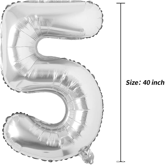 40 inch Letter Balloons Silver Alphabet Number Balloon Foil Mylar Party Wedding Bachelorette Birthday Bridal Shower Graduation Anniversary Celebration Decoration can fly with helium (number 5)