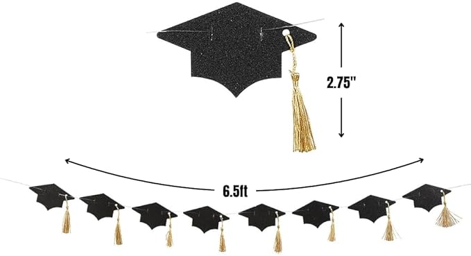 Black Glitter Tassel & Graduation Cap Party Garland