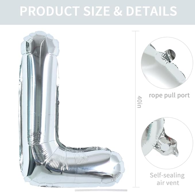 TONIFUL 40 Inch Large Silver Letter L Balloons, Foil Mylar Big Letter Balloons for 2026 New Year Eve Graduation Wedding Baby Shower Birthday Party Anniversary Supplies Decorations