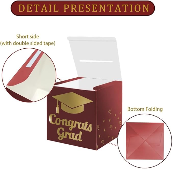 Graduation Card Box Holder, Congrats Grad Foldable Cardboard Decorations Box for Graduation Party Decoration and Grad Parties (Maroon)