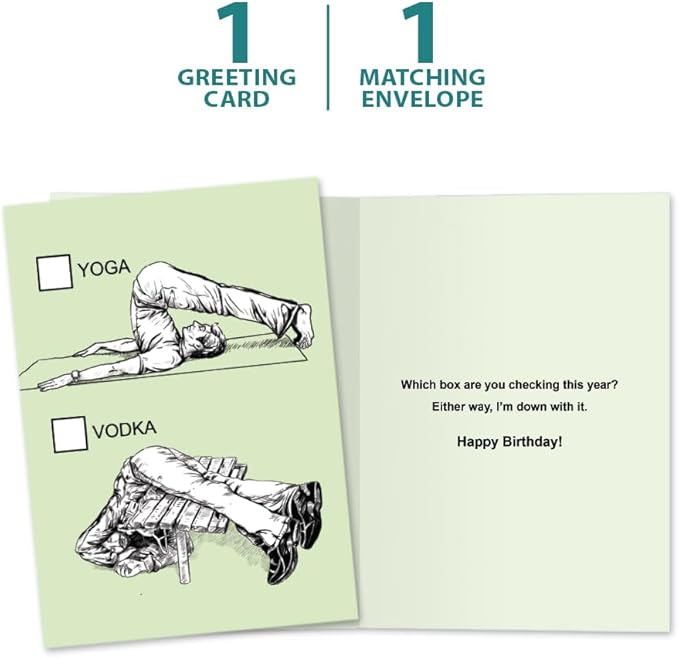 Tree-Free Greetings - Birthday Card - Artful Designs - 1 Card + Matching Envelope - Made in USA - 100% Recycled Paper - 5 x 7 - Yoga or Vodka (GO61230)
