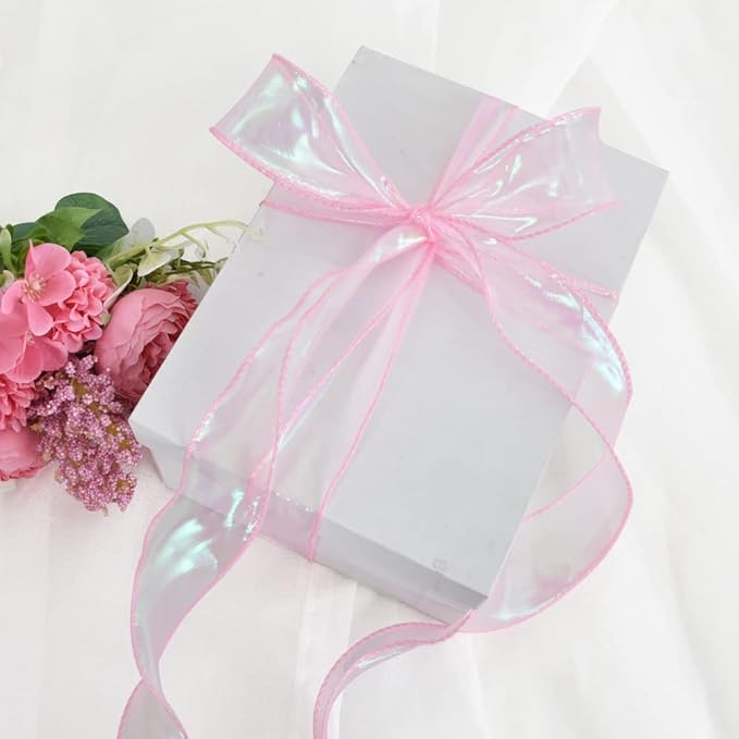 TONIFUL 1-1/2 Inch Wide Laser Pink Wired Chiffon Ribbon Shimmer Sheer Organza Ribbons for Crafts Floral Bouquets Wedding Party Decorations Valentine's Day Gift Wrapping Bow Making Wreaths (10yd)
