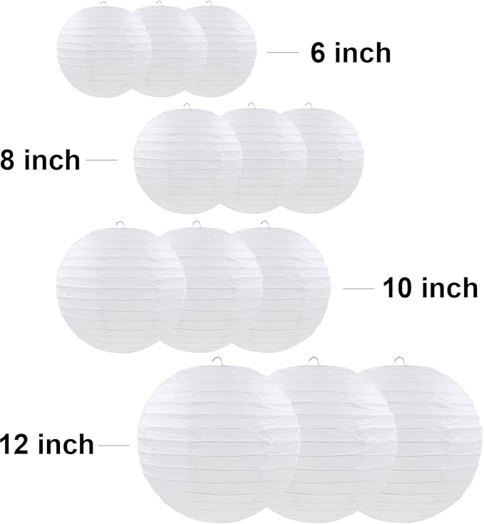 12 Pcs White Paper Lanterns Round Hanging Paper Lanterns for Wedding Birthday Party Baby Shower Engagement Anniversary Decorations