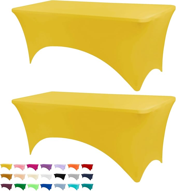 Table Covers for 6 Foot Tables, 2 Pack Yellow Washable and Wrinkle Resistant Stretch Tablecloths Rectangle 6ft for Events, Wedding, Banquets, Parties