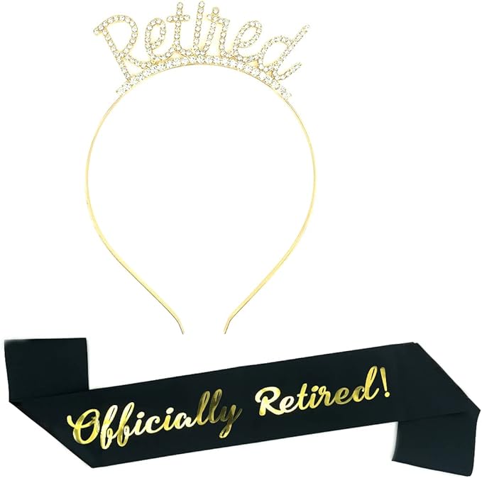 Happy Retirement Party Decorations - Crown and Sash Set Gifts for Women (Gold)