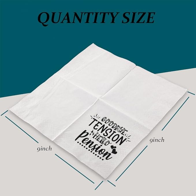 Retirement Cocktail Napkins Party Napkins Beverage Napkins Bar Napkins Disposable Paper Novelty Humorous Gag Gift 100Pcs 4.5 x 4.5 13-ply (Goodby Tension Hello Pension)