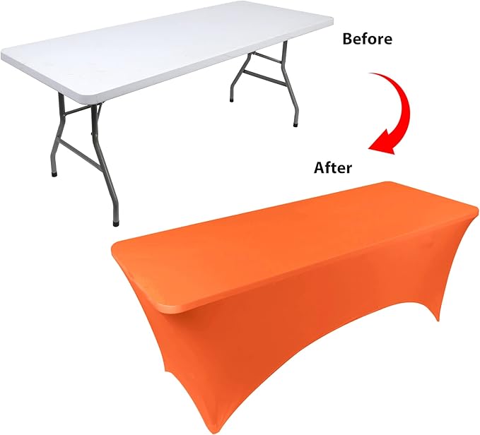 Table Covers for 6 Foot Tables, Orange Washable and Wrinkle Resistant Stretch Tablecloths Rectangle 6ft for Events, Wedding, Banquets, Parties
