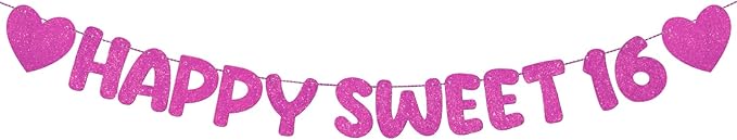 Fulmoon Pre Strung Happy Sweet 16 Banner Glitter Sixteenth Birthday Party Decorations 16th Party Sign Sweet 16 Party Decorations for Birthday Party Bachelorette Party(Hot Pink)